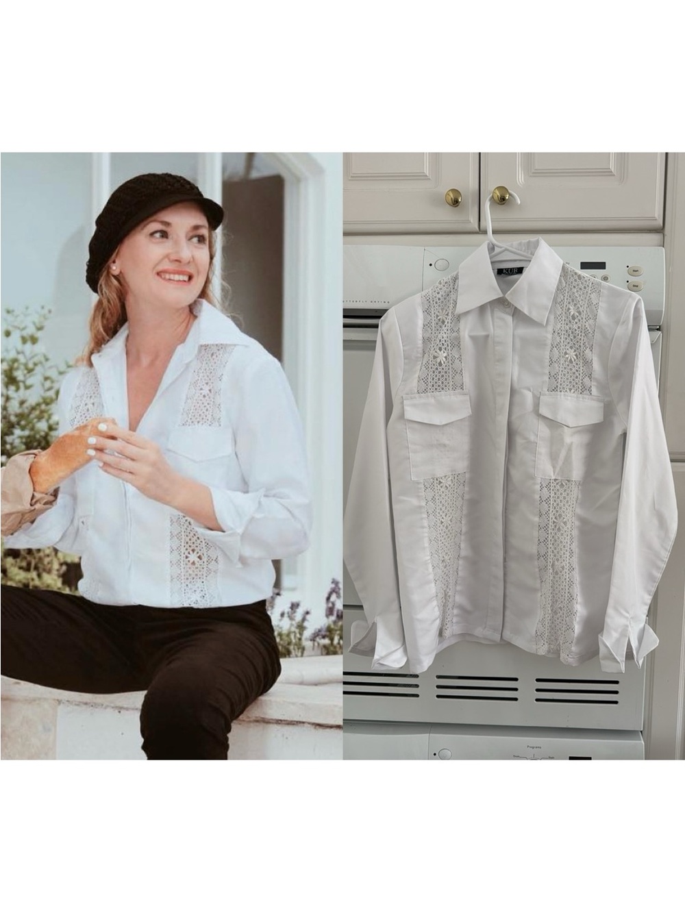 KÛR White Lace Panel Button Down Shirt Designer Blouse Size S